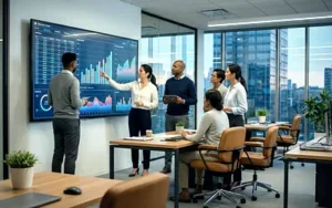 Business Acumen for Leaders: Finance & Operational Decision-Making 19 Team gathered at a large screen reviewing business performance dashboards