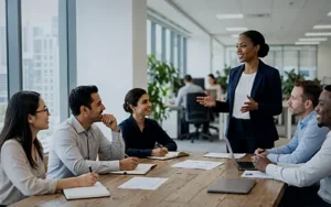 Leader standing at the head of a table guiding a team discussion