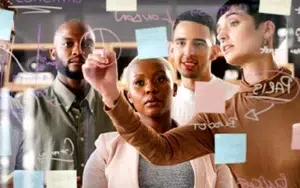 Project Risk Management: Proven Strategies for Successful Outcomes 24 Team mapping ideas with sticky notes on a glass wall