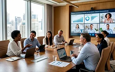 Strategic Thinking and Decision-Making for Effective Managers 4 Managers in a boardroom reviewing performance results with remote colleagues on screen