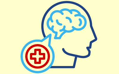 Emergency mental health aid icon featuring a medical cross, head outline, and highlighted brain.