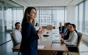 Manager confidently addressing her team around a conference table to assign and discuss responsibilities