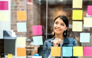 Agile Scrum Foundation Certification Preparation Training 3 Smiling professional planning ideas on a glass wall of sticky notes