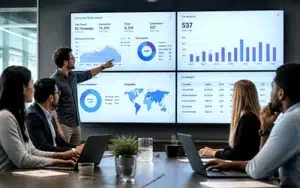 Tableau Analytics for Insight-Driven Decision Makers 24 Team reviewing data visualization dashboards on large screens during a meeting