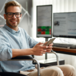 Portrait of young and cheerful male businessman in a wheelchair holding his smartphone and smiling while sitting at his workplace in modern office. Handicapped worker. Trading online. Stock market - leadership strategies for wellness