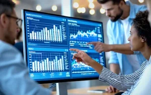 Building a Data-Driven Culture: Transform Decision-Making 15 Team members pointing at business analytics dashboards on a large monitor