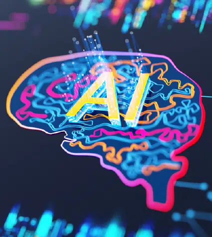 Multicolored Artificial Intelligence (AI) brain symbolizing digital innovation and cutting-edge technology applicable for workplace applications.