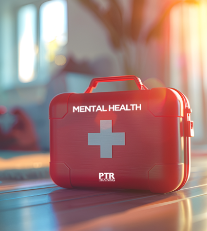 Red First Aid Kit labeled with 'mental health' words in a workplace setting
