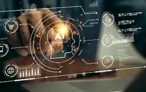 Human and AI Collaborative Intelligence at Work 30 Hand touching a glowing AI interface surrounded by digital icons