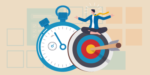 Illustration of a businessman meditating on a clock and target, symbolizing calm, self-awareness, mindfulness, and effective performance at work.