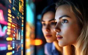 AI for Spreadsheets: Smarter Analysis and Automation 10 Two women analyzing colorful data charts on a screen