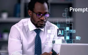 ChatGPT for Workplace Efficiency: Practical Productivity Tips 26 Professional working on a laptop with AI prompt graphics overlaid on the scene