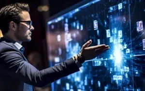 Creating Professional Presentations with AI 17 Presenter gesturing toward a glowing digital display while delivering a presentation