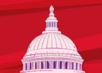 The U.S. Capitol building with columns and a red background with design.