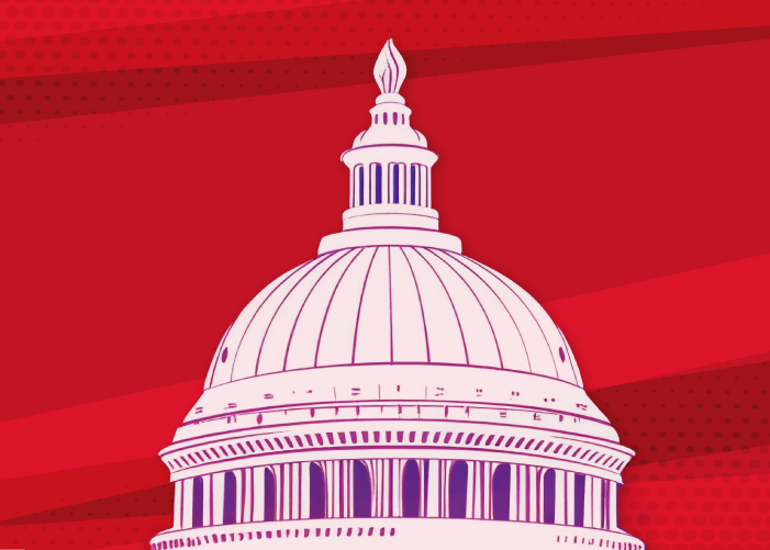 The U.S. Capitol building with columns and a red background with design.