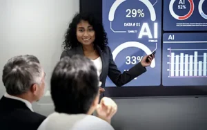 AI & Machine Learning Capabilities Essentials Series at Work 2 Professional presenting AI analytics dashboards to colleagues in a meeting
