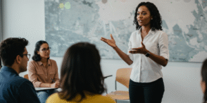 Black woman leading a training session for adults in a modern workplace.