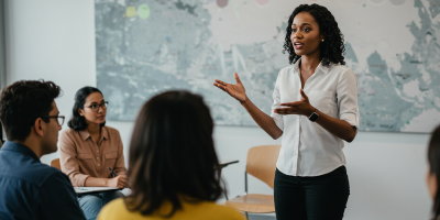 Black woman leading a training session for adults in a modern workplace.