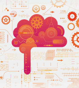 Artificial intelligence brain outline with icons of different digital elements