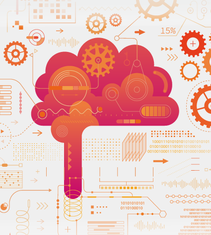 Artificial intelligence brain outline with icons of different digital elements