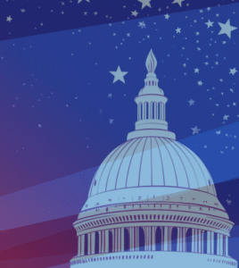 White U.S. Capitol dome with red and blue overlay and stars symbolizing the federal workforce.