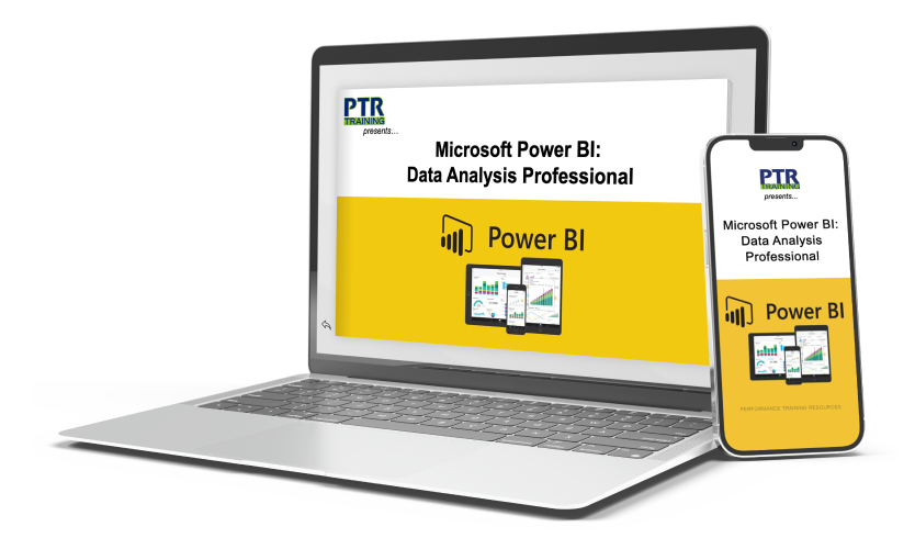 Laptop and smartphone displaying course training title with yellow and white background.