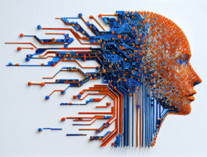 Circuit board face representing artificial intelligence in the workplace.