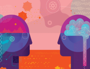 Two heads representing data and creativity.