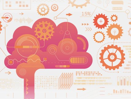 Colorful gears and brain illustration.