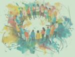 Diverse team collaborating in vibrant circle.