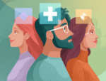 Three individuals with mental health symbols displaying workplace safety and awareness.