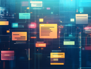 Colorful digital interface with floating elements related to agile project management at work.