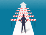 Leader facing red obstacle, symbolizing business challenges and success.
