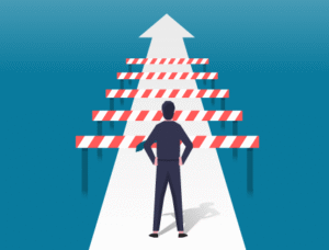 Leader facing red obstacle, symbolizing business challenges and success.