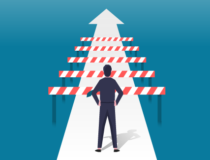 Leader facing red obstacle, symbolizing business challenges and success.