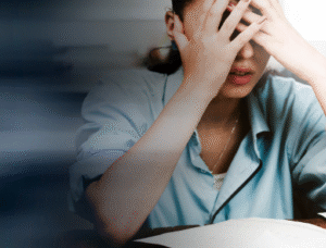 Overwhelmed female office worker showing stress at workplace