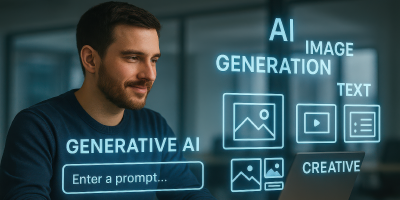 Man using generative AI platform to create images and text content with prompt input.