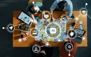 Artificial Intelligence Leadership Essentials 13 Leaders collaborating at a table around a central AI hub of connected icons