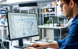 Communicating Effectively with Technical and Project Managers 12 Engineer reviewing a technical diagram on a desktop monitor