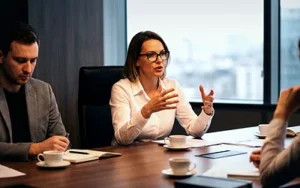 Manager speaking with focus to colleagues around a boardroom table while working through a critical business issue