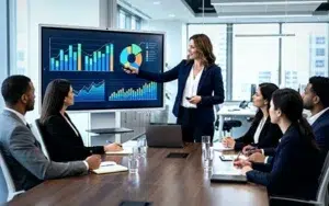 Delivering Impactful Data Storytelling and Visualization Skills 13 Presenter explaining colorful data charts on a large screen to a team in a conference room
