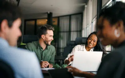 Group collaborating in modern office setting