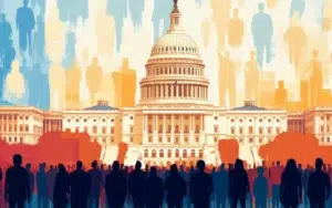 Silhouettes in front of Capitol building.