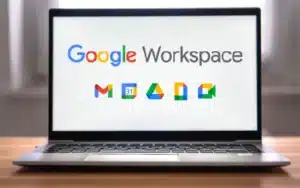 Laptop displaying Google Workspace logo