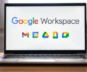 Laptop displaying Google Workspace logo