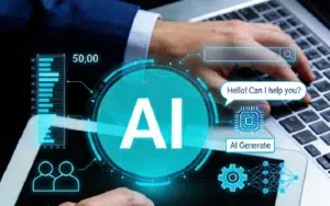 AI for Smarter Business Communication Strategies 20 Professional using AI on a desktop to improve business communication and team strategies.