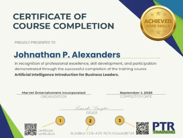 Achievement Skills Hub | Completed Training and Certificates 1 Sample PTR Certificate of Course Completion showing where the unique credential ID appears along the bottom