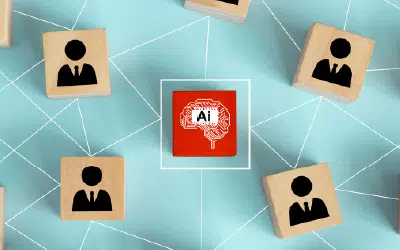 Leadership Strategies for AI Adoption and Integration 167 Wooden cube figures symbolizing workforce learning and integrating AI adoption their organization.