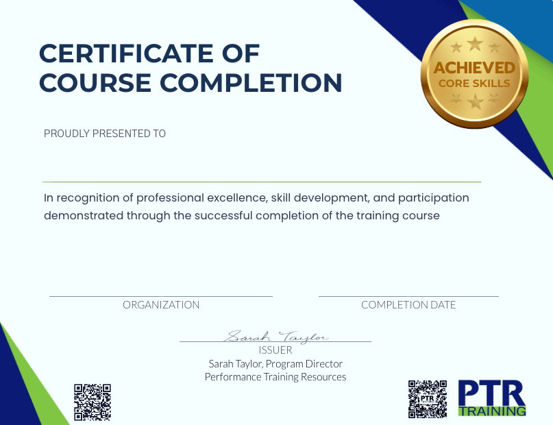 PTR Training Certificate of Course Completion template with gold achievement seal and QR verification code