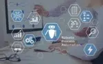 Human–Super Intelligence Collaboration in Federal Workplaces 12 Robotic process automation icons with a robot, workflow and analytics symbols over an office desk